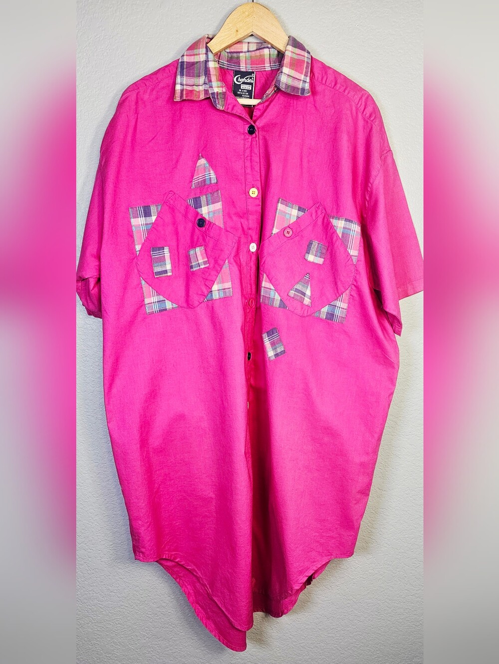 Vintage Chandni Hot Pink Cotton Shirt Dress Plaid Applique Oversized One Size